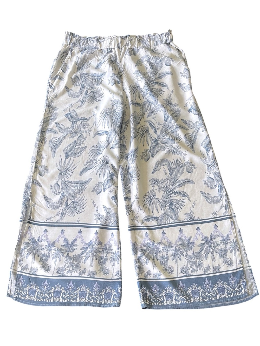 Tribal White/Blue Botanical Print Flowy Wide Leg Split Hem Palazzo Pant (L)